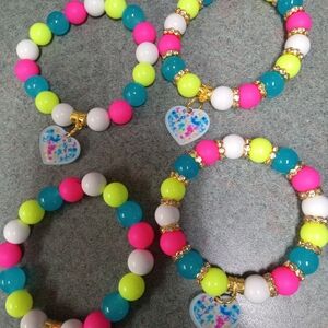 Kids Neon Bead Stretch Bracelet with Heart Charm - Multi-Color